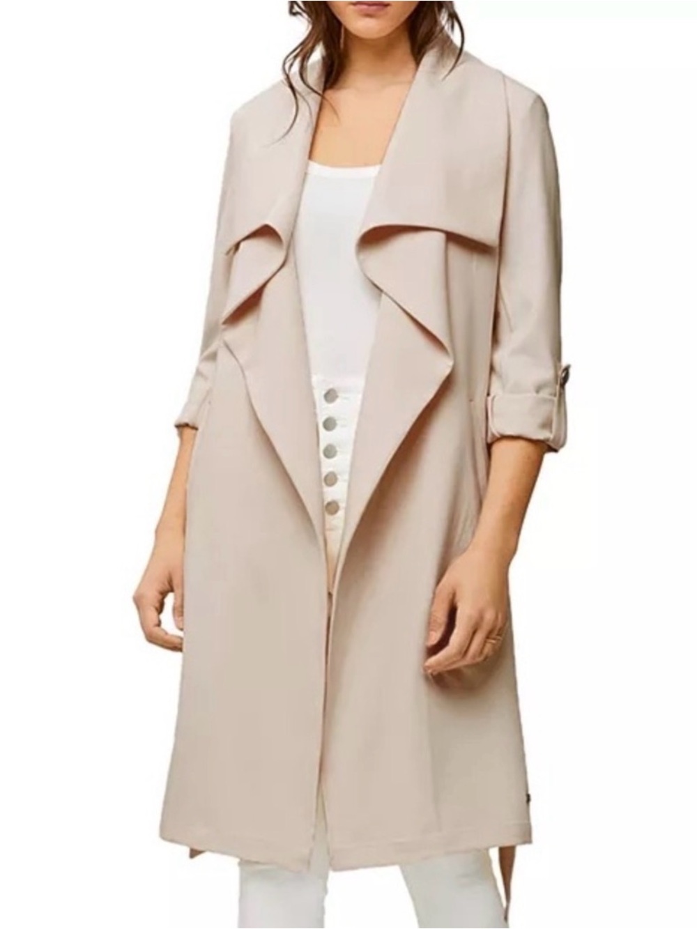 SOIA & KYO Roll Sleeve Drape Front Long Trench Coat